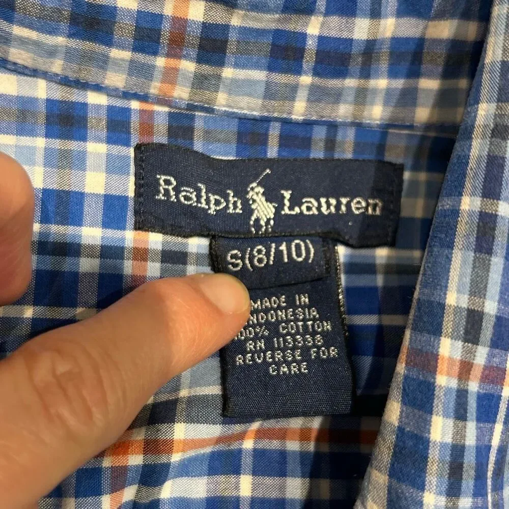 Ralph Lauren Boys Button Down Shirt Sz Small 8-10 Blue Plaid Long Sleeve